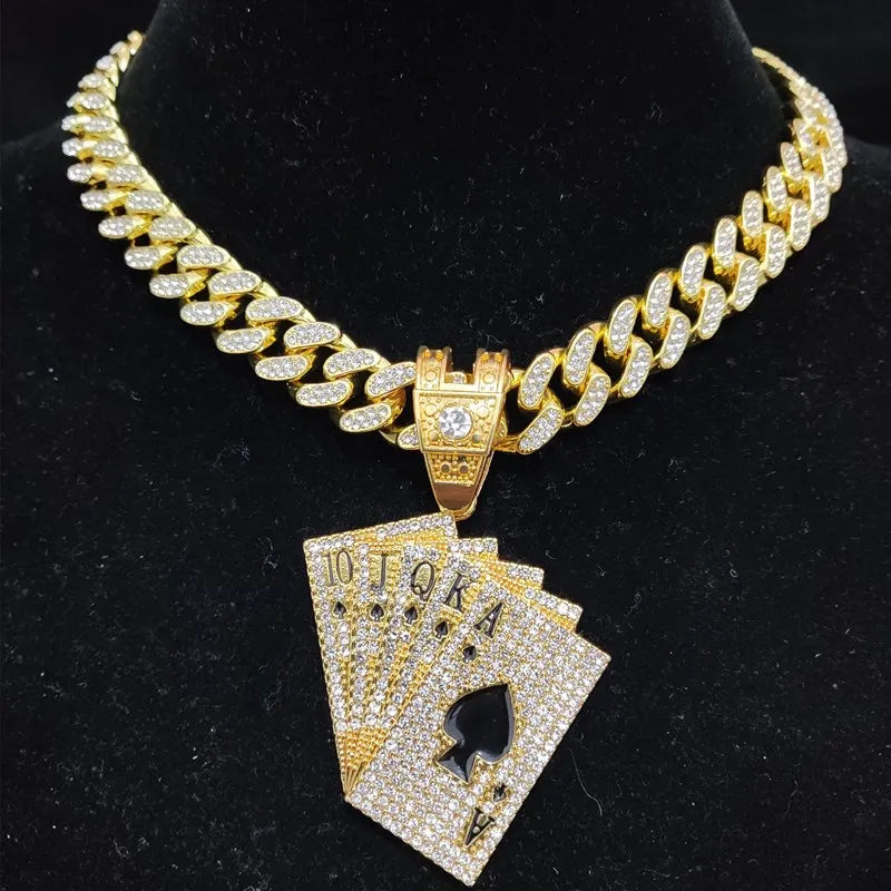 Men Women Hip Hop playing card Pendant Necklace With Crystal Cuban Chain HipHop Iced Out Bling Necklaces Fashion Charm