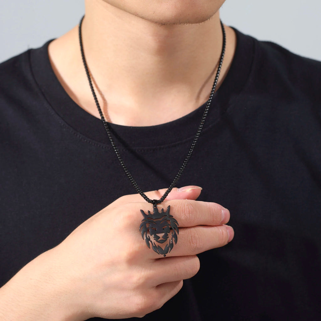 My Shape Lion King Crown Pendent Necklaces for Men Boys Stainless Steel Punk Animal Wolf Charms Choker Chains Hip Hop