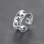 Hollow Stars Open Ring for Women — Concave Silver-Tone Band