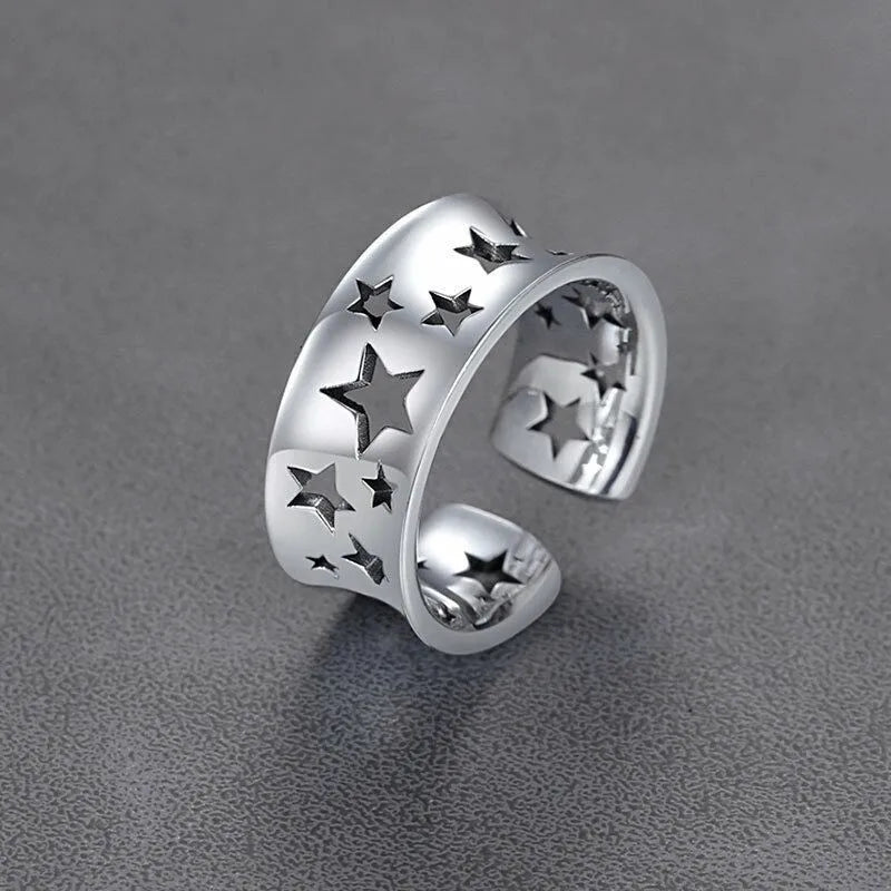 Hollow Stars Open Ring for Women — Concave Silver-Tone Band