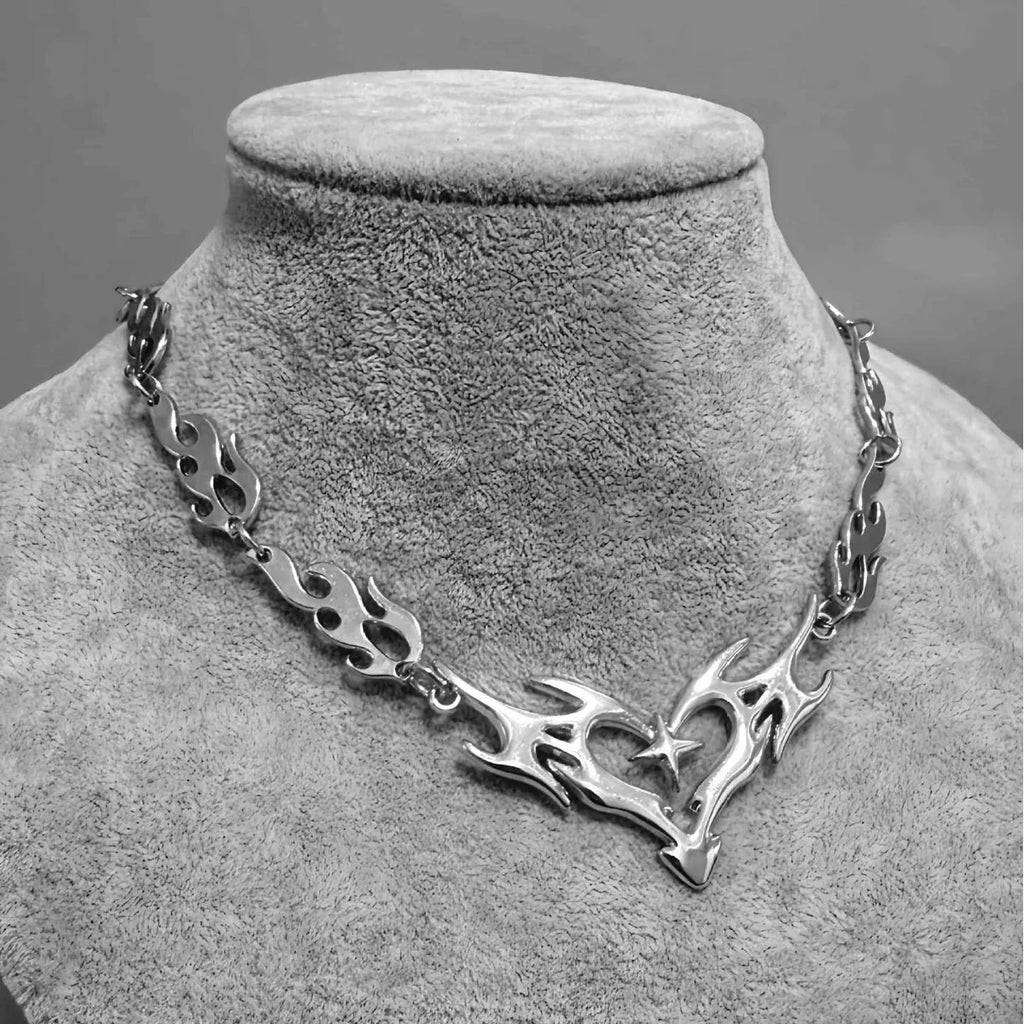Flame Heart Choker Necklace — Barbed Wire Thorns, Y2K Gothic
