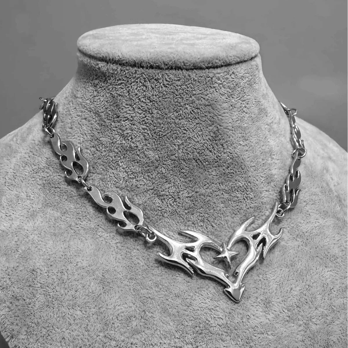 Flame Heart Choker Necklace — Barbed Wire Thorns, Y2K Gothic
