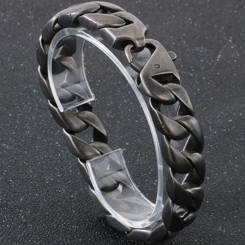 Vintage Black Stainless Steel Bracelet for Man Men's 15MM Wide Curb Link Chain Bracelets Bangles Armband Jewelry