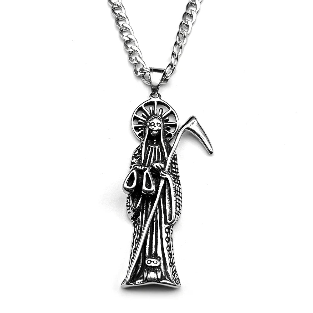 Holy Saint Death Santa Muerte Grim Reaper Pendant Necklace for Women Men Stainless Steel Silver Color Sickle Skull Jewelry Gift