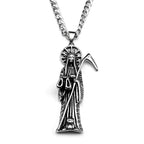 Holy Saint Death Santa Muerte Grim Reaper Pendant Necklace for Women Men Stainless Steel Silver Color Sickle Skull Jewelry Gift