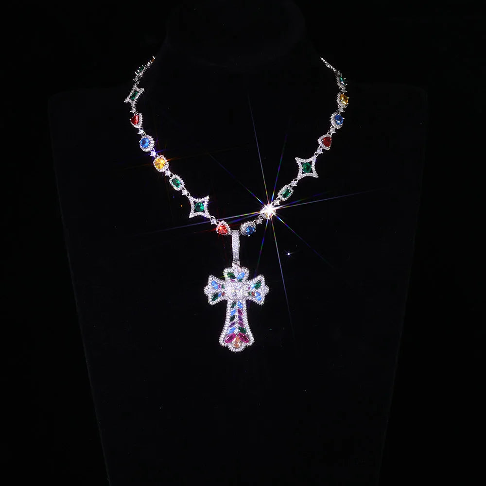 Cross Pendant Necklace Iced Out Multi-Color CZ