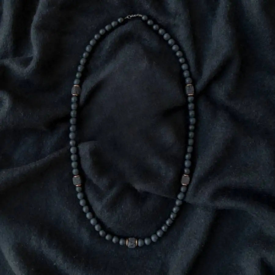 Black Onyx & Volcanic Stone Beaded Necklace for Men