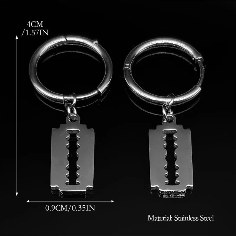 Hip Hop Razor Blade Dangle Earrings For Women Men Stainless Steel Silver Color Male Man Pendant Drop Earring Jewelry