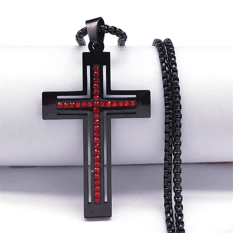 Catholic Open Cross Rhinestone Pendant Necklace — Stainless Steel