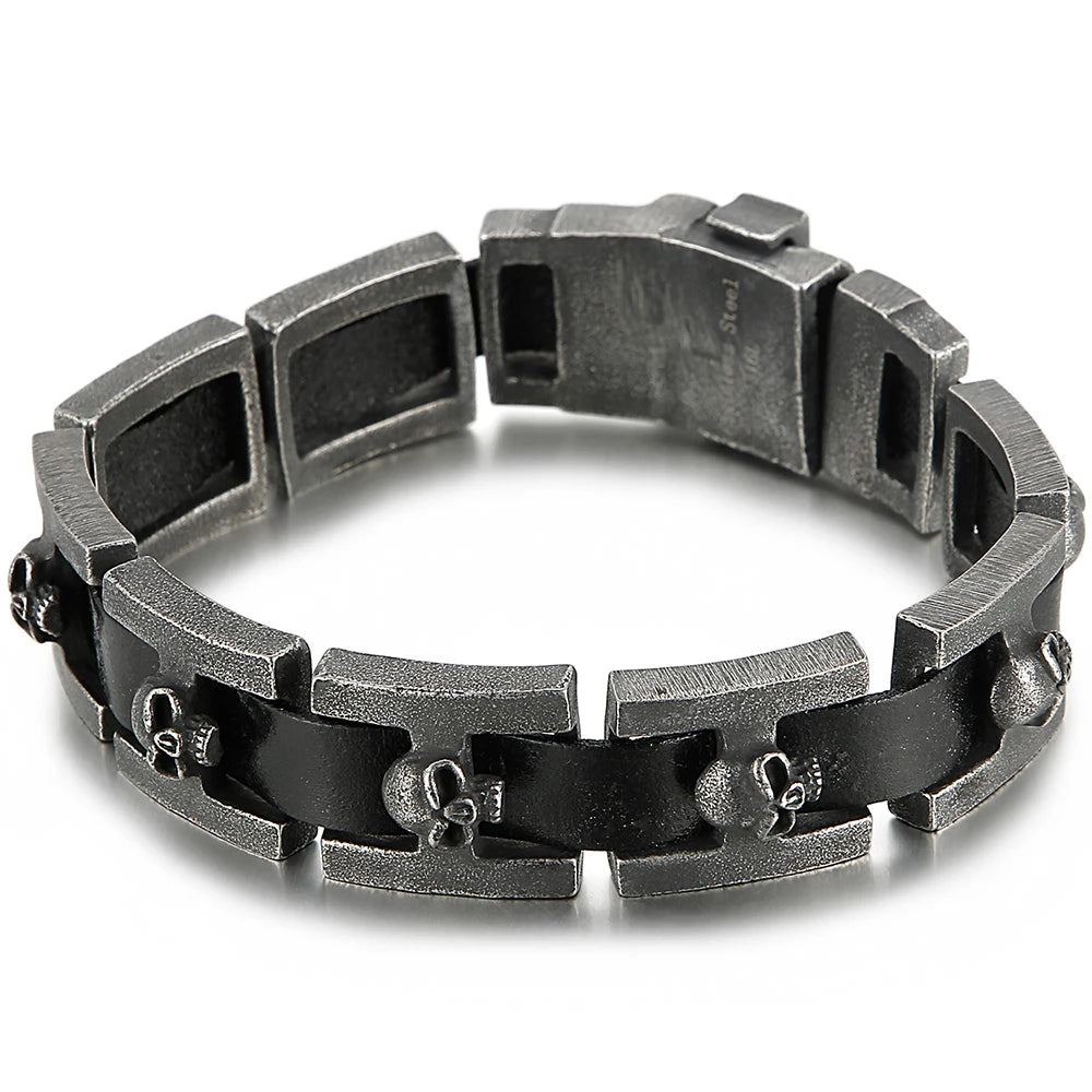 Punk Gothic Men's Skull Bracelet Distressed 316L Stainless Steel & Leather Wrap Bracelet for Men With Watch Strap Clasp