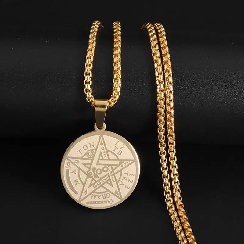 Stainless Steel Solomon Religious Seven Archangels Compass Pendant Necklace Men's Retro Lucky Amulet Jewelry