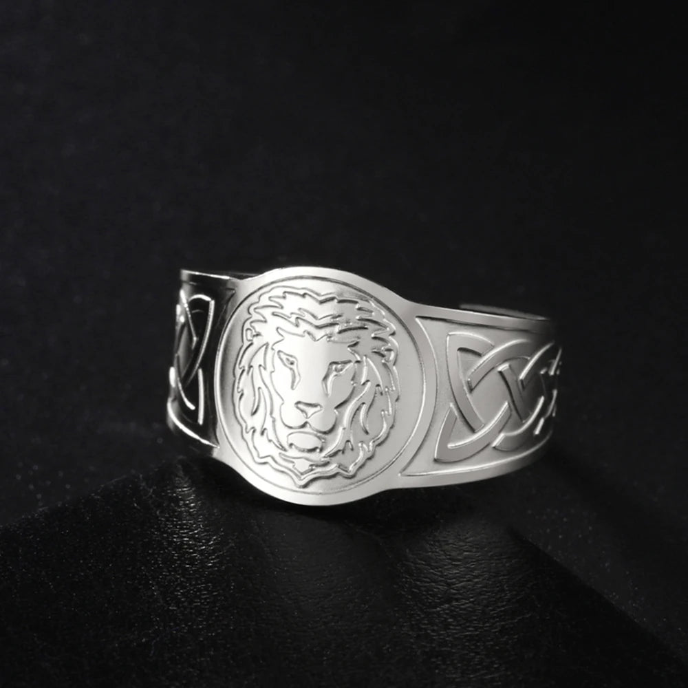My Shape Lion Rings for Men Punk Celtics Knot Animals Resizable Stainless Steel Finger Ring Nordic Vintage Jewelry