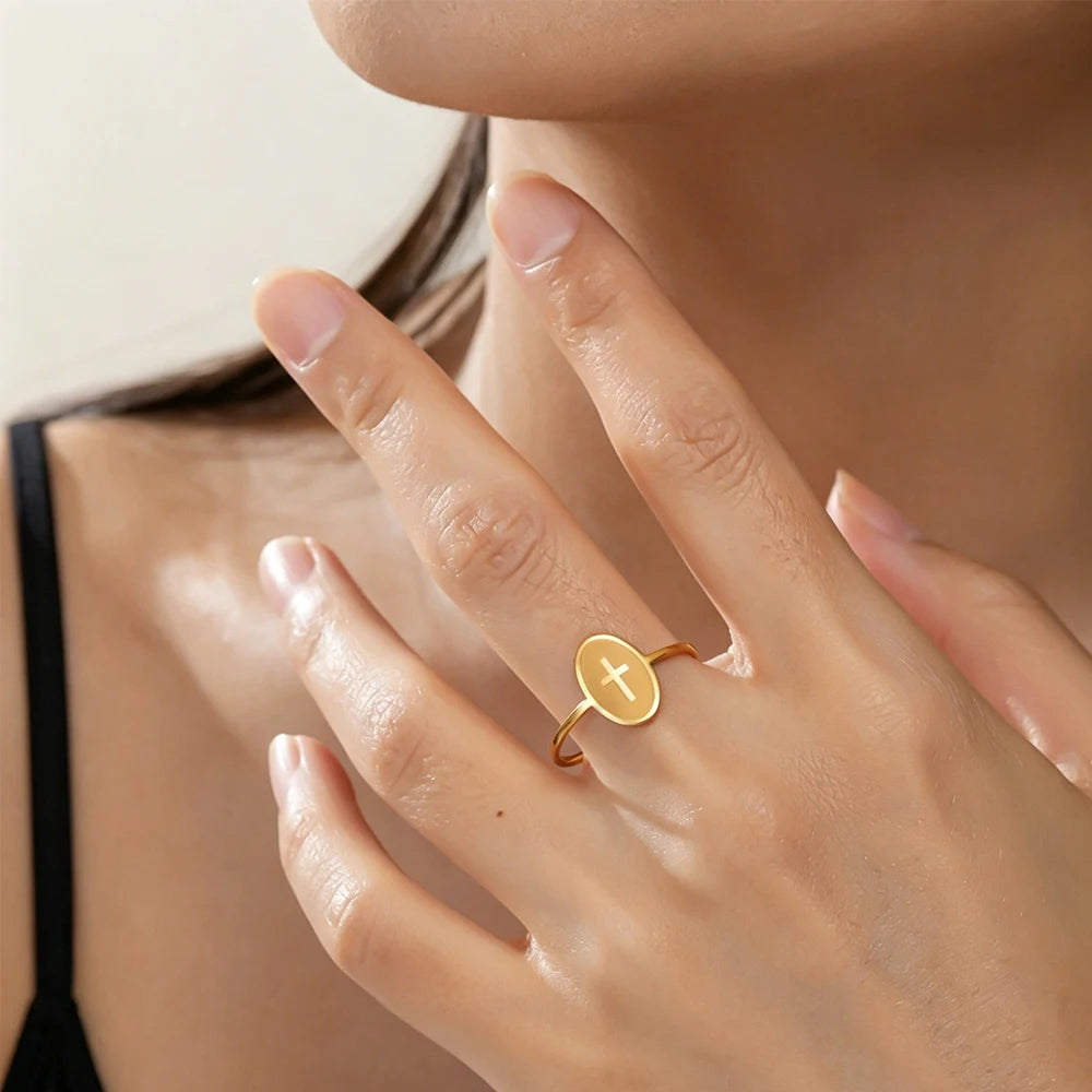 Skyrim Cross Oval Ring Women Men Stainless Steel Simple Couple Rings Hip Hop Religious Christian Jewelry Gifts
