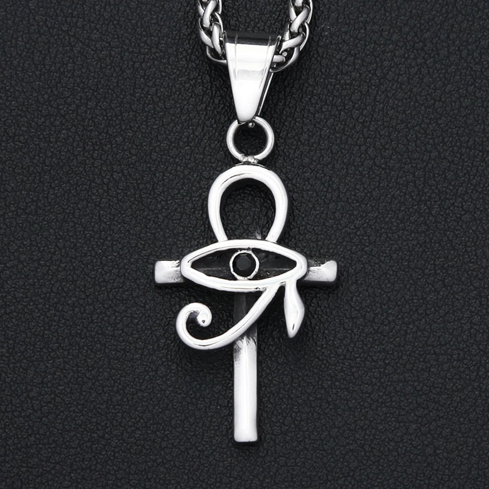 Vintage Stainless Steel Eye of Horus Pendant Necklace Fashion Punk Ankh Cross Necklaces For Men Women Amulet Jewelry
