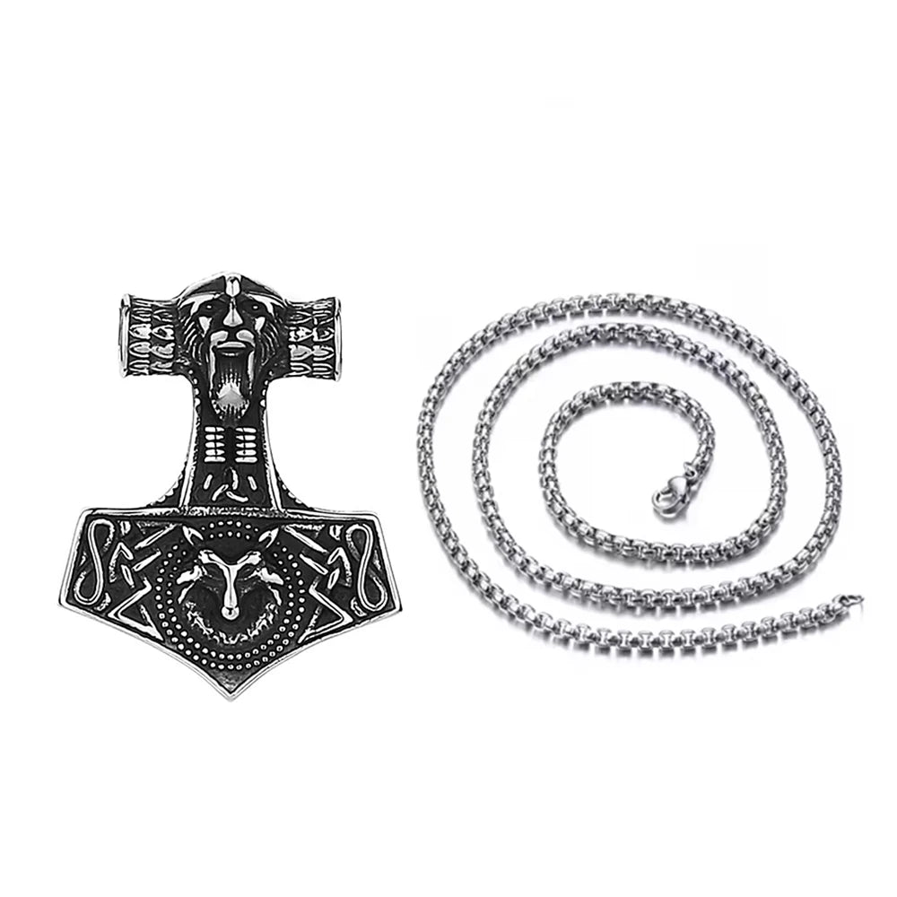 Stainless Steel Vintage Viking Thor's Hammer Wolf Pendant Necklace Norse Punk Amulet Jewelry Men Gift