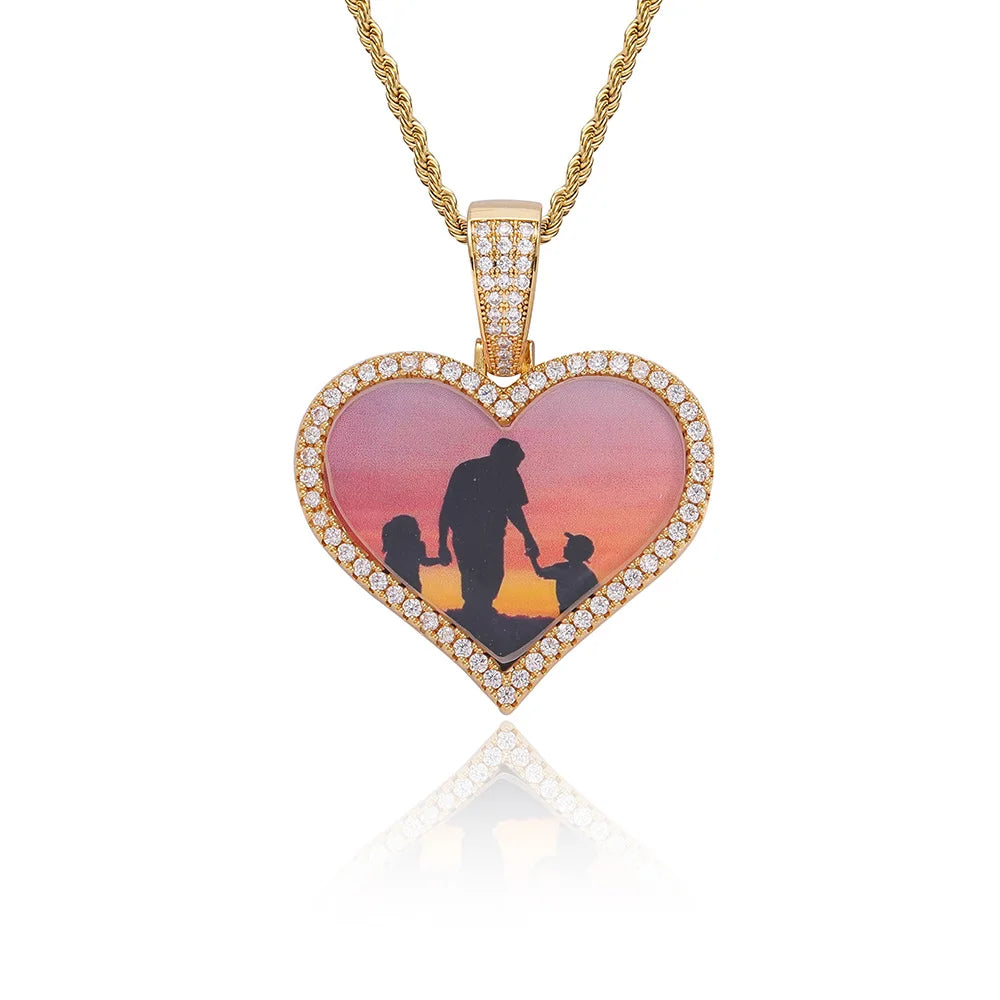 Iced Out Heart Photo Pendant Necklace
