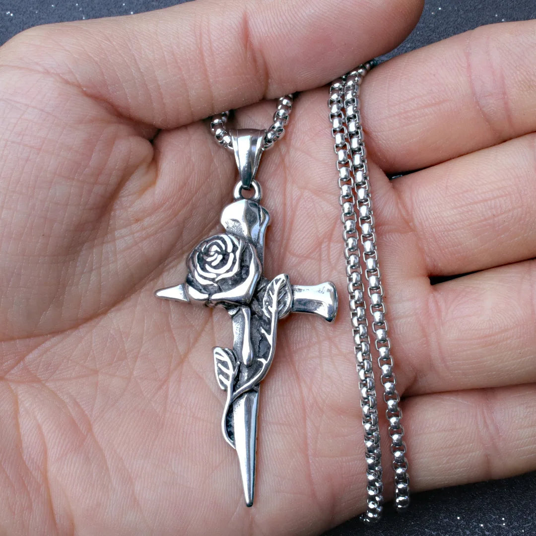 Hip Hop Retro Rose Cross Titanium Steel Men's Necklace Vintage Alloy Steel Accessory Pendant Necklace Gifts
