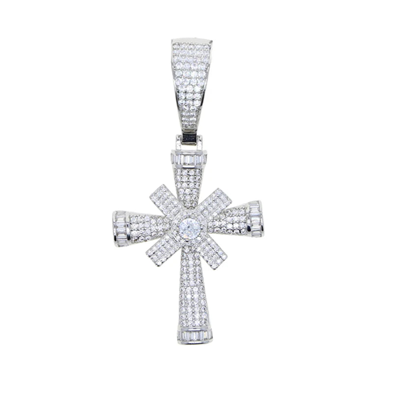 New Iced Out Bling CZ Cross Pendant Necklace Silver Color Prong Setting Cubic Zirconia Jesus Charm Men Women Hip Hop