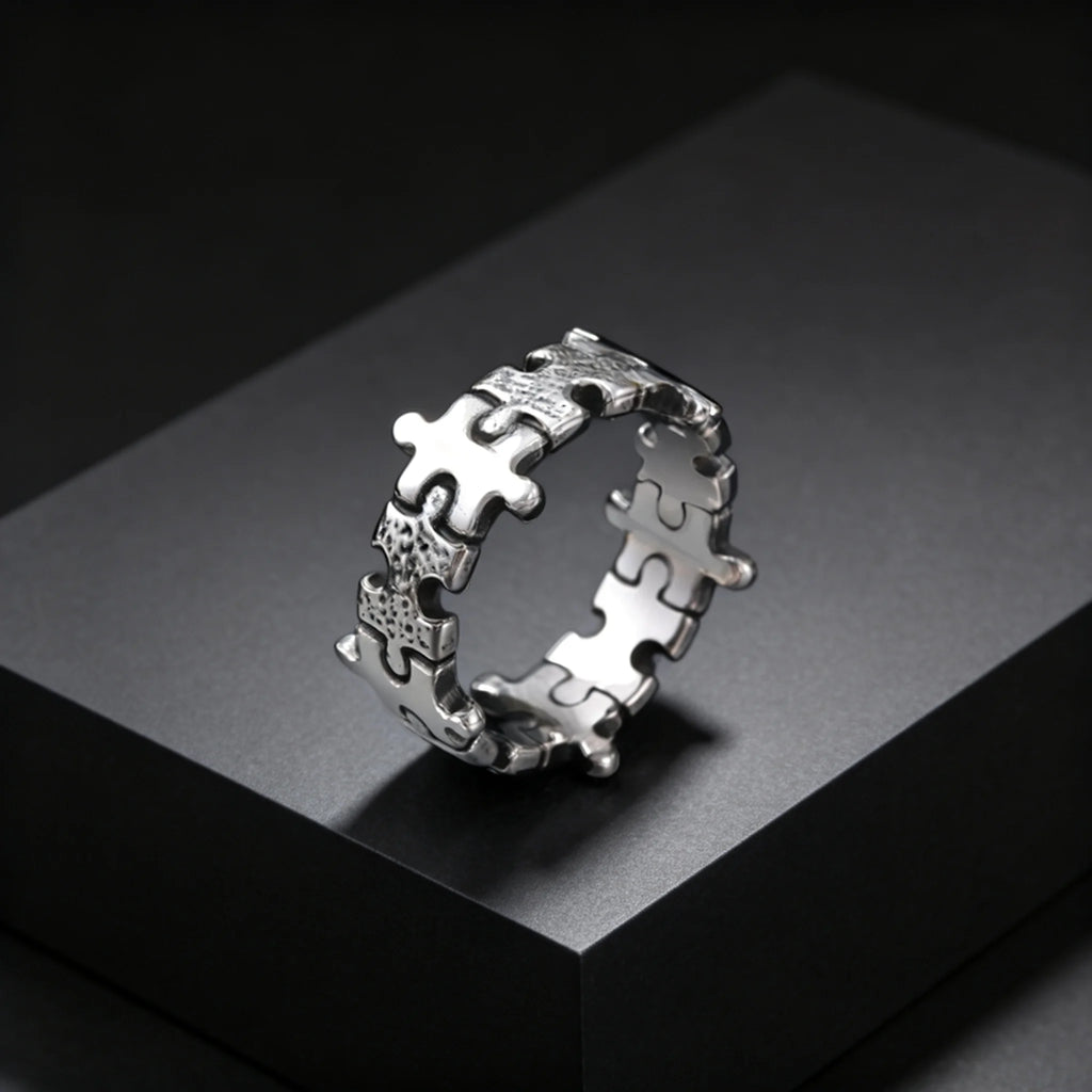 Hammered Jigsaw Puzzle Ring for Men — Stainless Steel