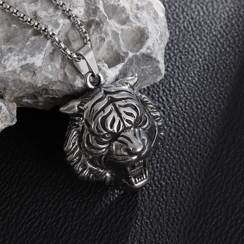 Domineering Ferocious Tiger Head Pendant Stainless Steel Animal Necklace Men's Punk Trend Cool Jewelry Boy Gift