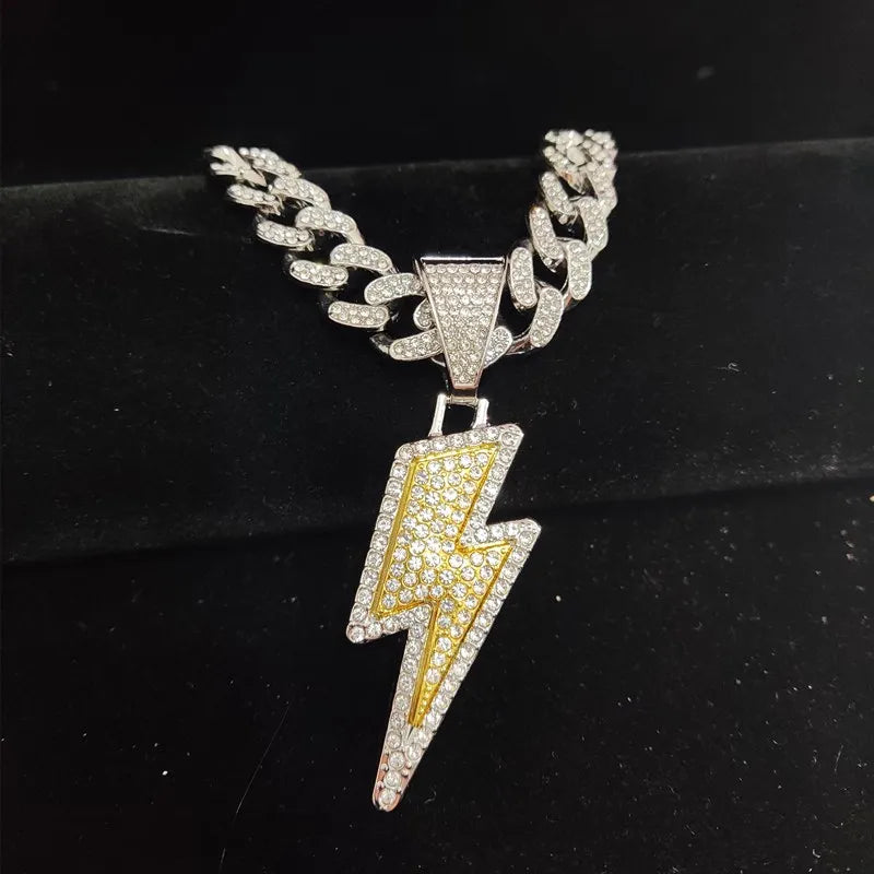 Men Women Hip Hop Lightning Pendant Necklace with 13mm Crystal Cuban Chain HipHop Iced Out Bling Necklaces Fashion Charm Jewelry