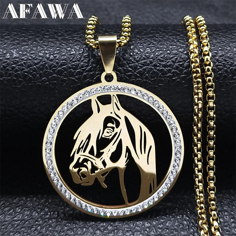 Horses Head Pendant Necklace for Men Women Stainless Steel Crystal Animal Chain Horse Accessories Jewelry Colar