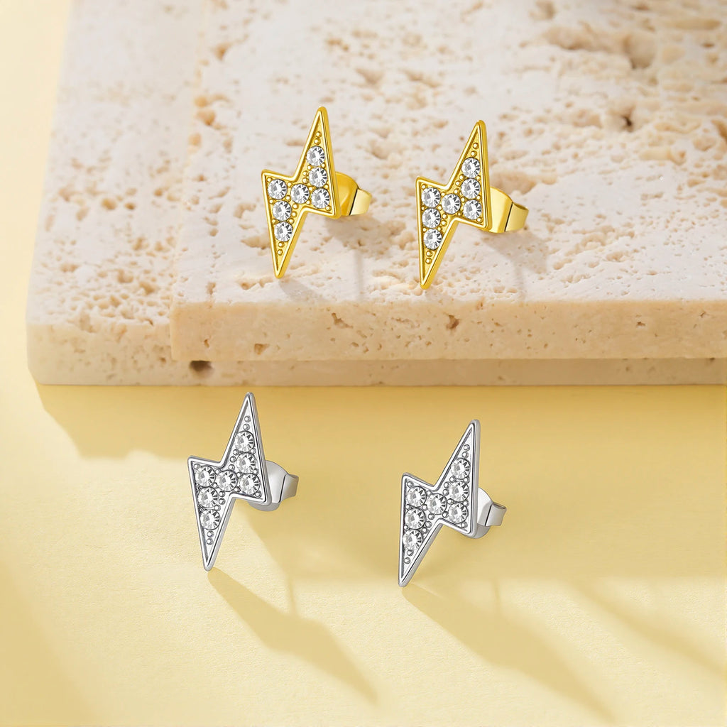 Cazador Lightning Stud Earrings for Men Stainless Steel Clear Zircon Waterproof Women's Earrings Trendy Couple Gifts Jewelry