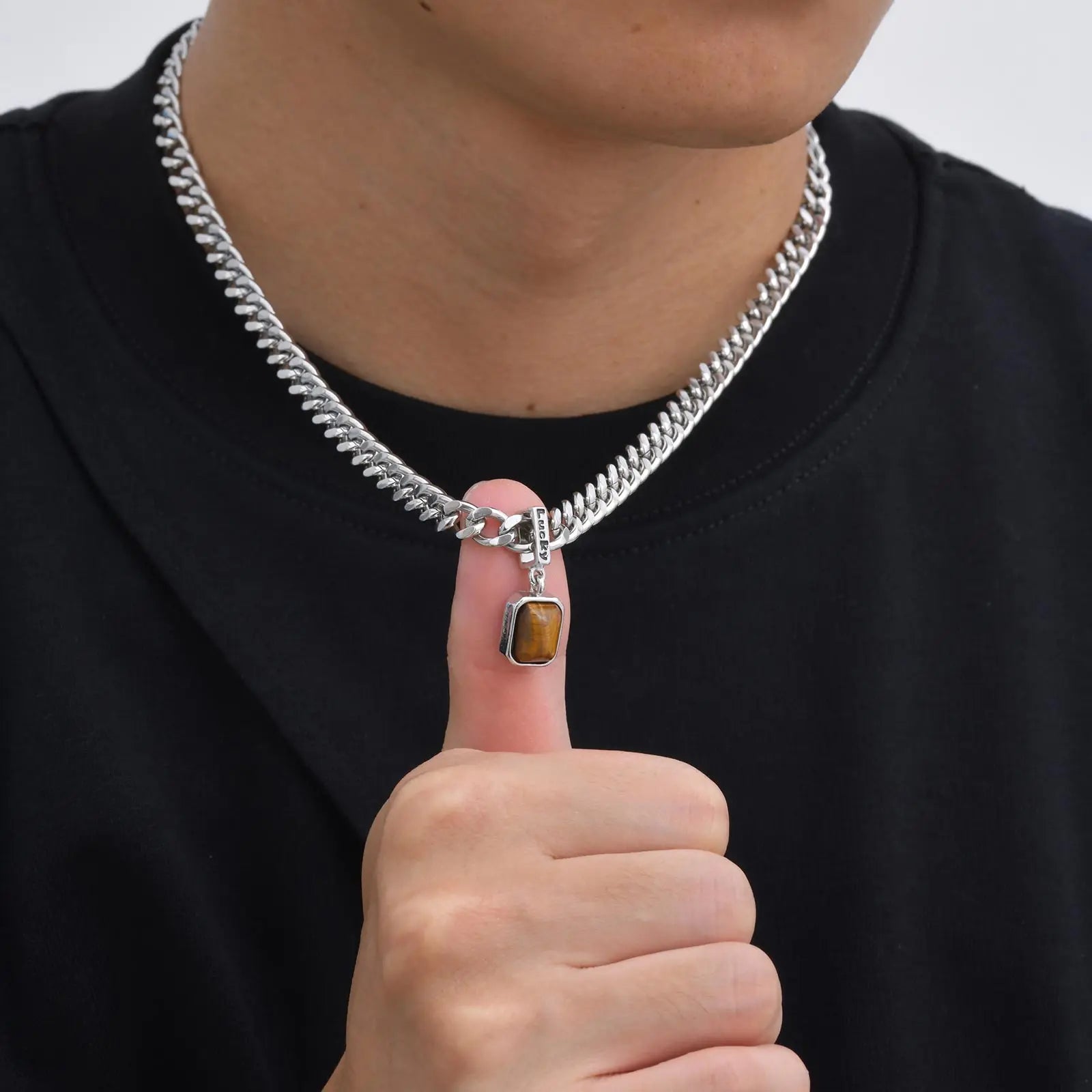 Cuban Stone Square Pendant Necklace — Stainless Steel