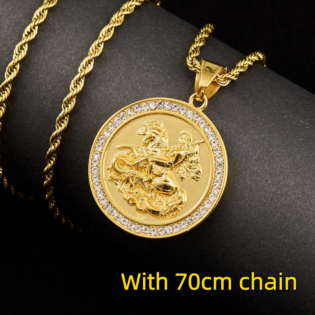 1pc Saint Michael Gold color round pendant with rhinestone For Men Women HIP hop Punk 316L Stainless Steel Knight Jewelry Gifts