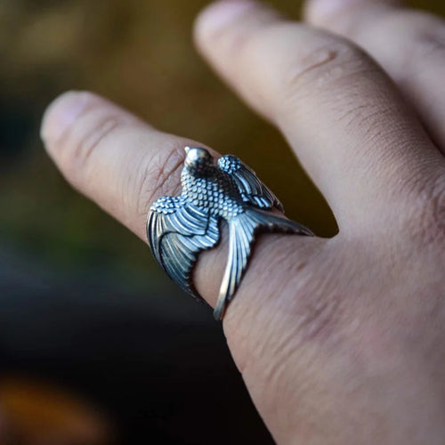 925 Silver Swallow Carved Ring — Vintage Open