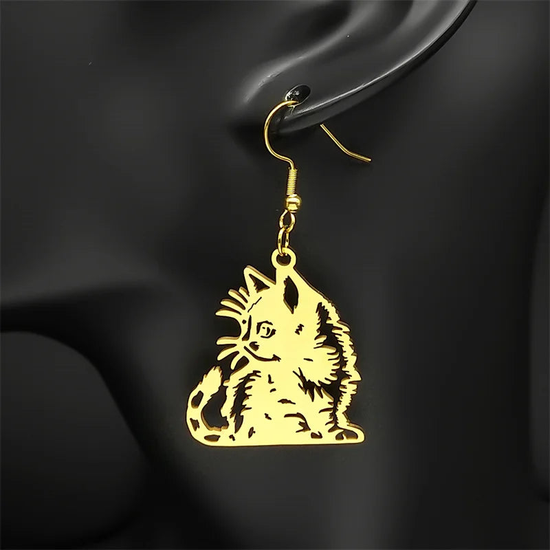 Cat Gold Earrings Cute Kitty Animal Hollow Hoop
