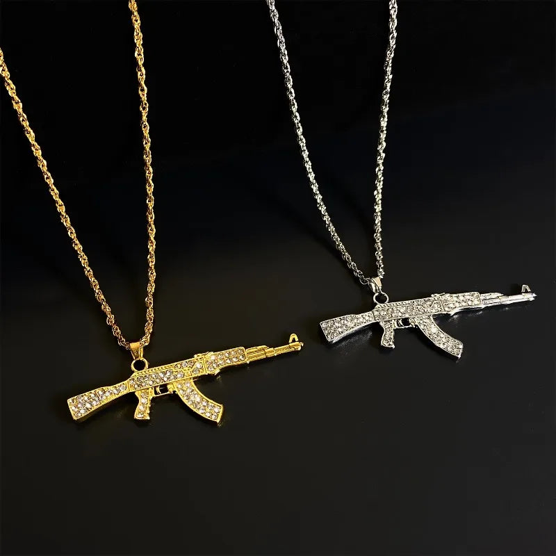 Personalized Diamond Studded AK47 Submachine Gun Pendant Necklace for Men, Fashionable Hip-hop Rock Party Necklace for Women