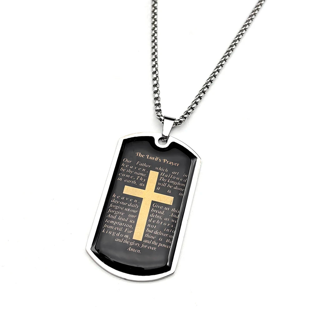Lord's Prayer Our Father Glass Cross Necklace — Stainless Steel