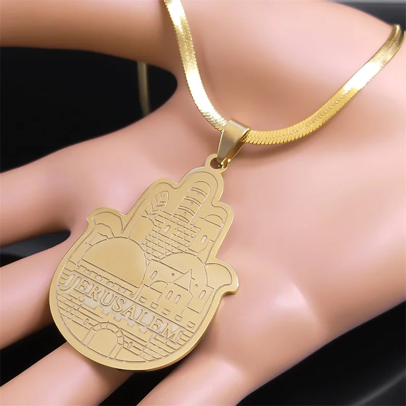 Jerusalem Palace Solomon Hamsa Hand Necklace — Stainless Steel