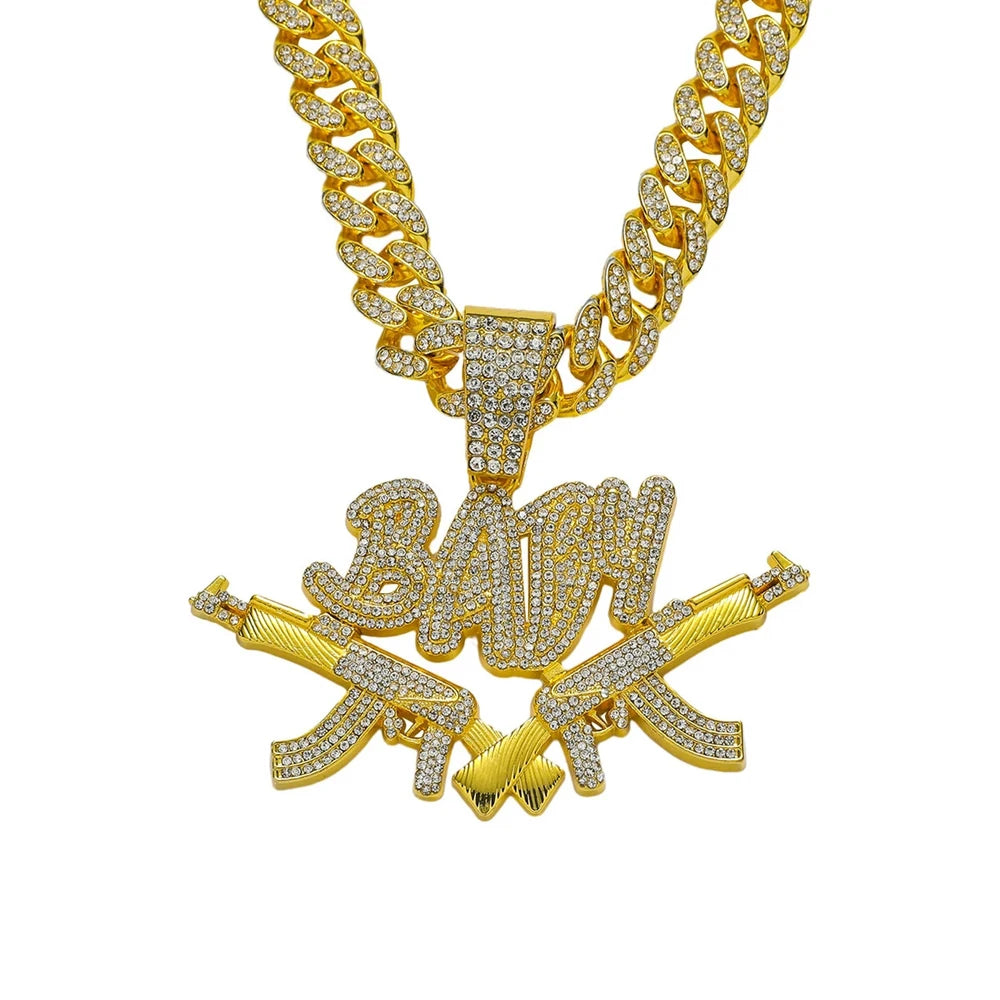 New Men Hip Hop Iced Out Bling AK47 Gun Pendant Necklace with 13mm Miami Cuban Chain HipHop Letter BABY Necklace