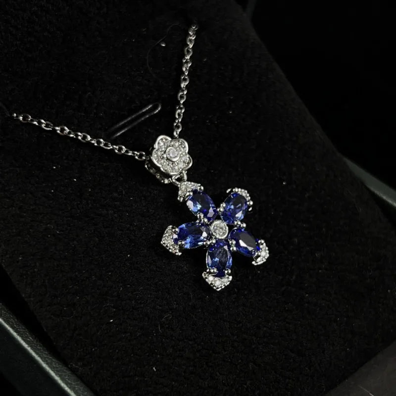 Blue Zircon Flower Necklace — Stainless
