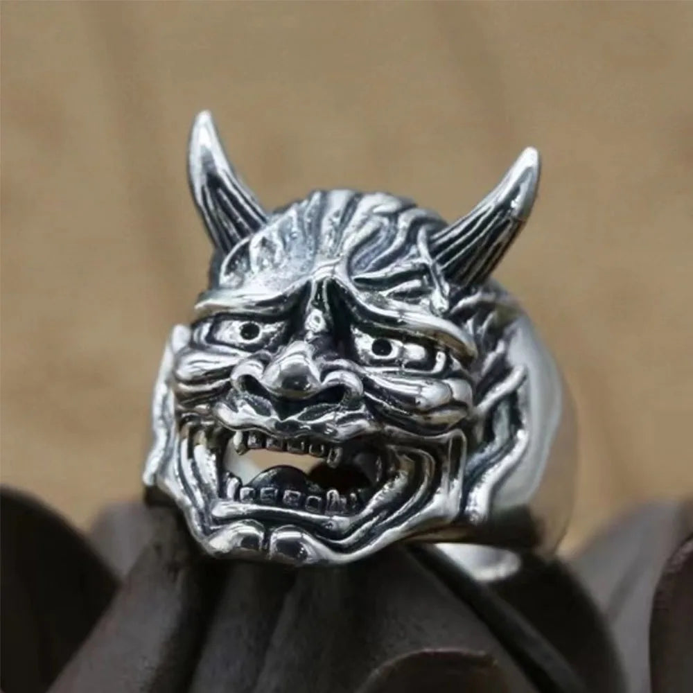 Punk Hannya Oni Mask Ring Men | Gothic Demon Devil Biker Jewelry | Vintage Silver Plated Finger Ring for Male Party Gift