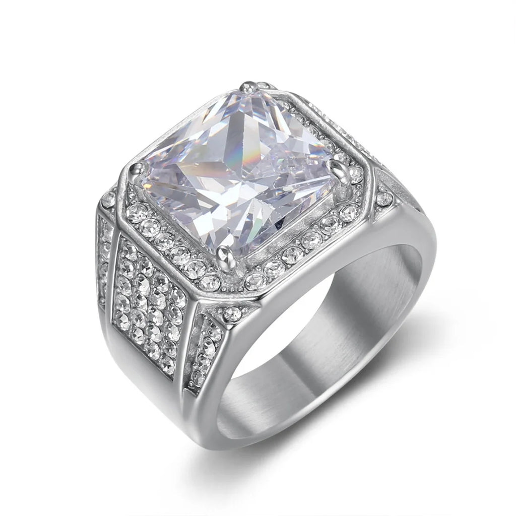 Iced Out Chunky CZ Square Ring 17mm — Stainless Steel