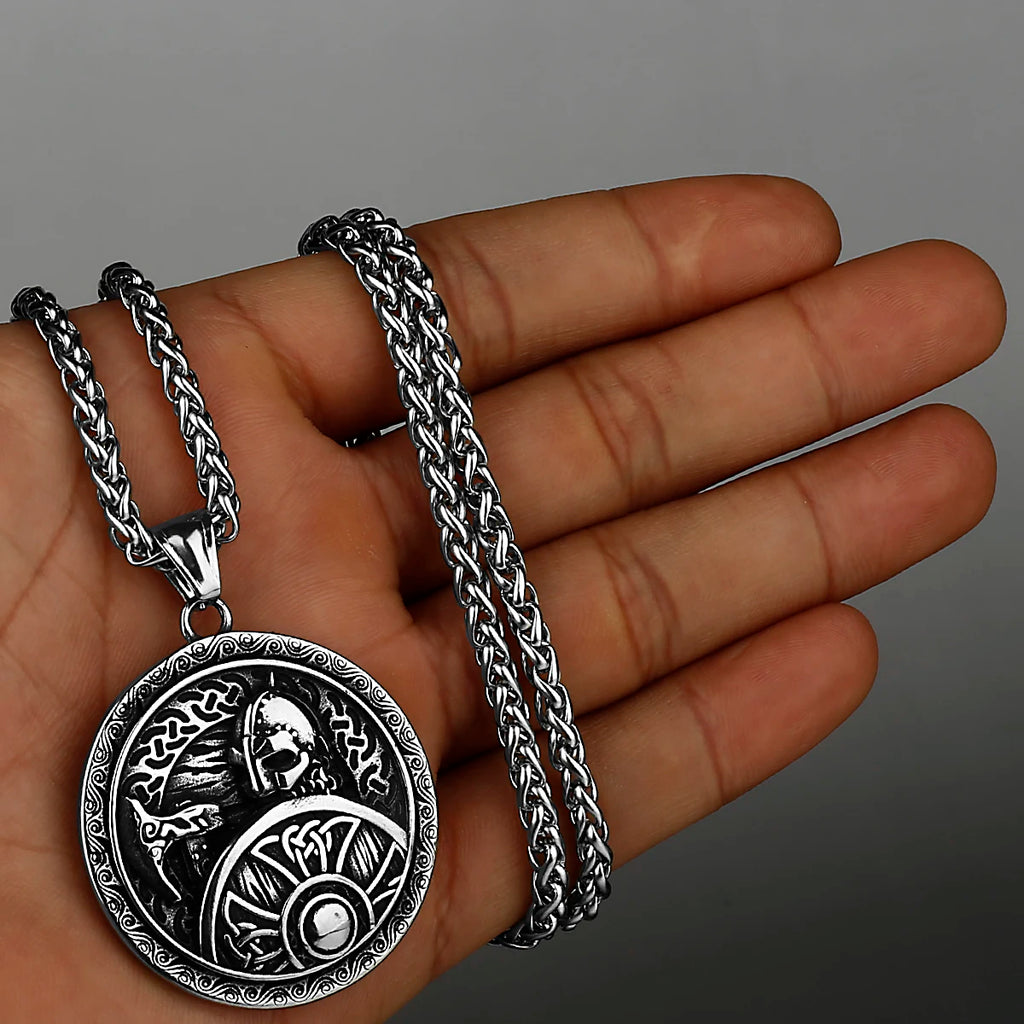 Nordic Viking Odin Warrior Axe Shield Retro Pop Pendant Necklace Stainless Steel Amulet Necklace Men's Gift Jewelry Wholesale