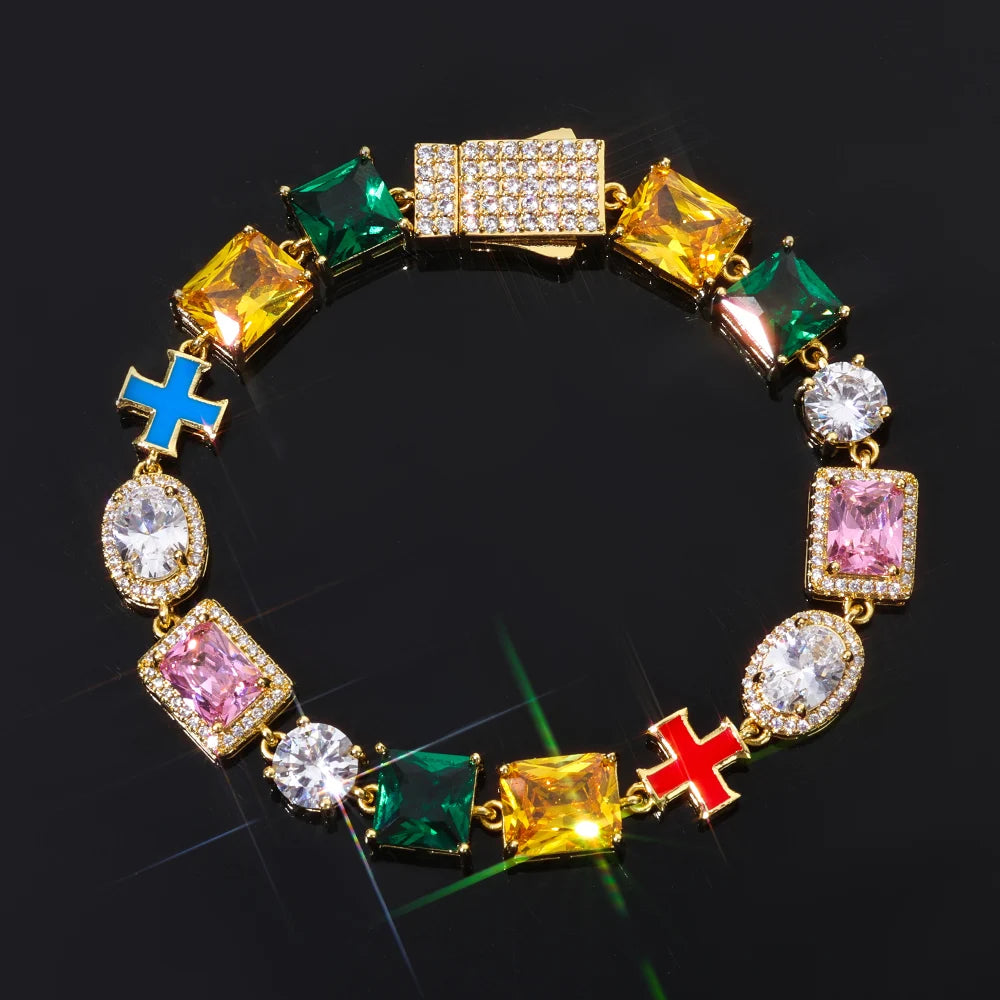 Cross Iced Out Gemstone Bracelet Stainless Steel