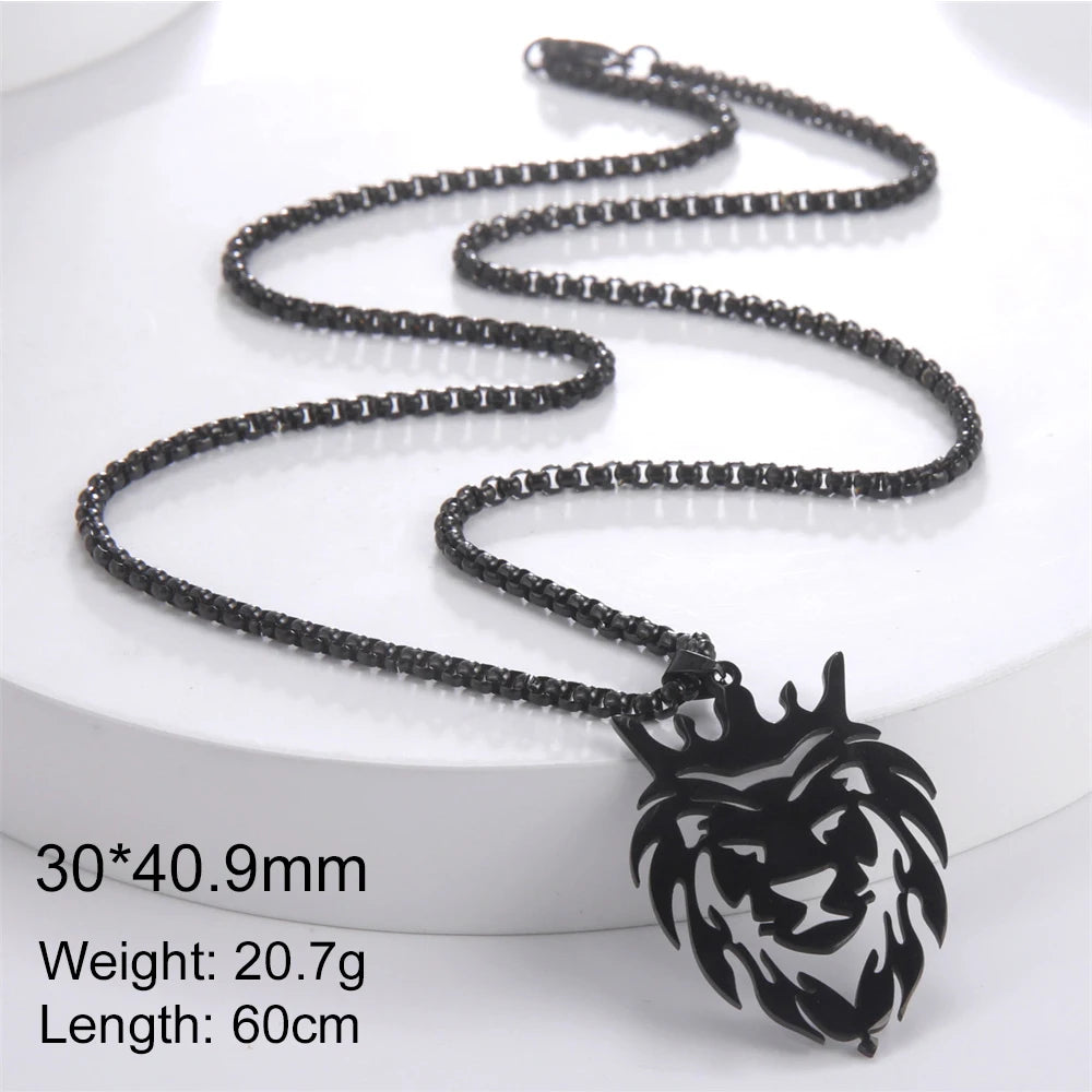 My Shape Lion King Crown Pendent Necklaces for Men Boys Stainless Steel Punk Animal Wolf Charms Choker Chains Hip Hop