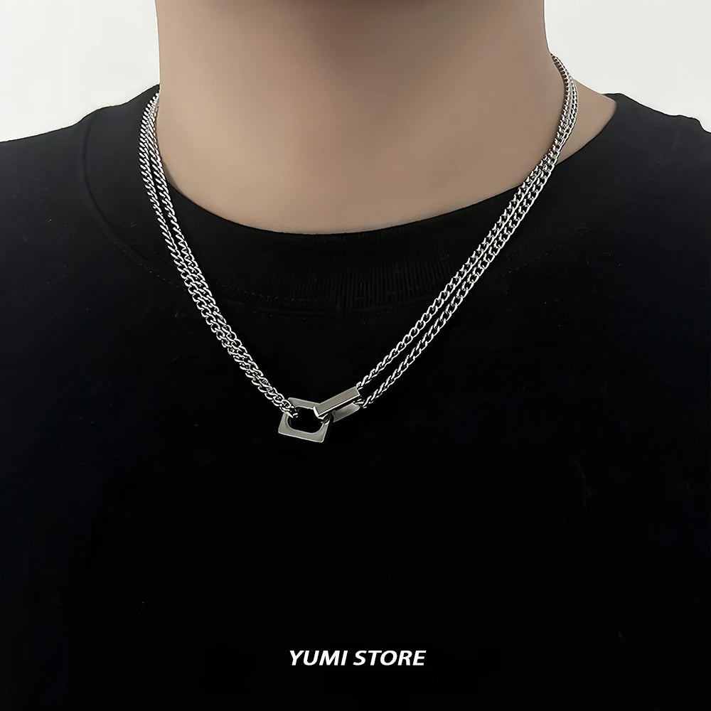 Hip Hop Double Lock Pendant Necklace For Man Woman Non-Fading Titanium Steel Choker Clavicle Chain Kpop Couple Jewelry