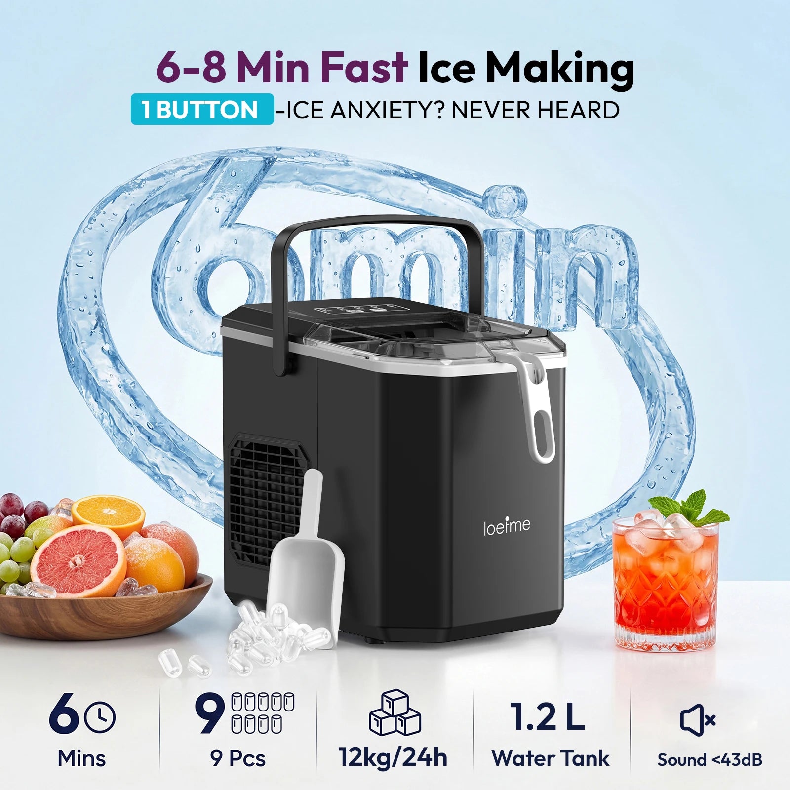 Loefme Desktop Fully Automatic Bullet Shaped Ice Maker 12kg/24h Fast Ice Making Suitable For Home Automatic Cleaning