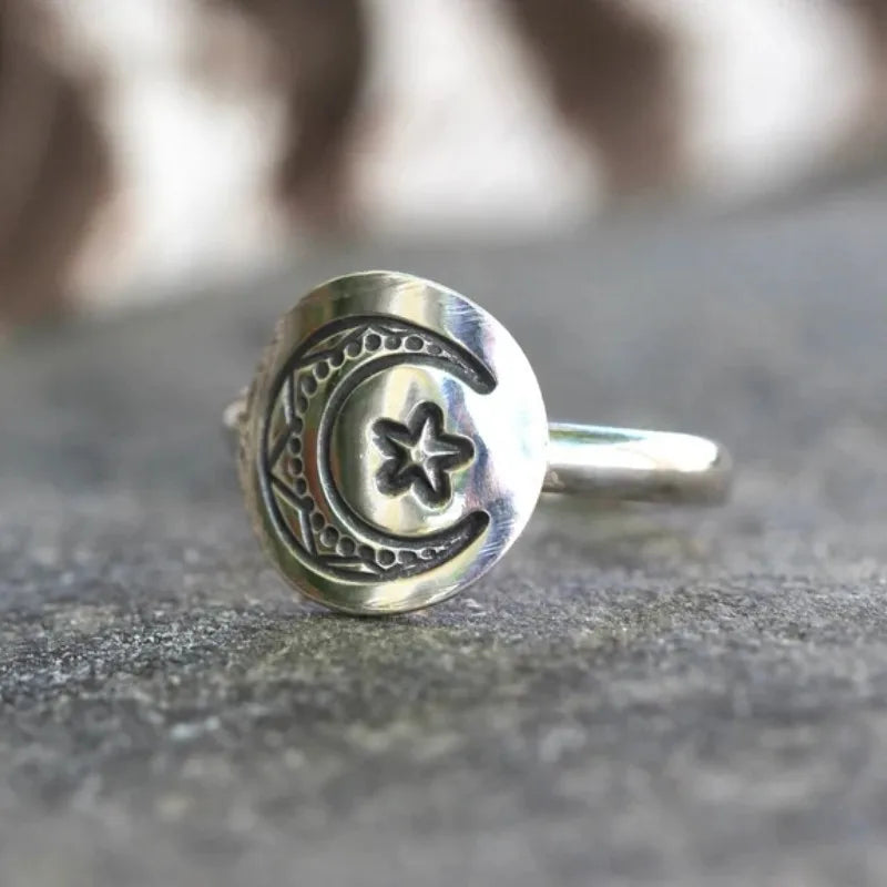 Carved Moon and Star Ring — Dreamy Band for Music Festival