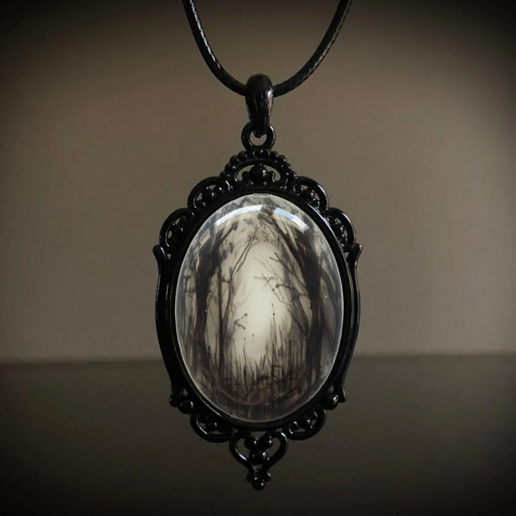 Gothic Crow Black Forest Charm Necklace Fashion Witch Jewelry Gift Pagan Cross Black Cat Skull Glass Pendant Necklace