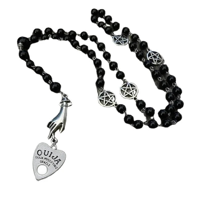 PERSONALISIERBAR Black Rosary with Ouija Planchette and Hand, Gothic Necklace, Black Magic, Occult Jewelry, Ghosts