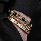 3PCS Mens Premium Black Agate Beaded Bracelet Set - Double Leopard Head, Roman Numerals, Adjustable Braided Design