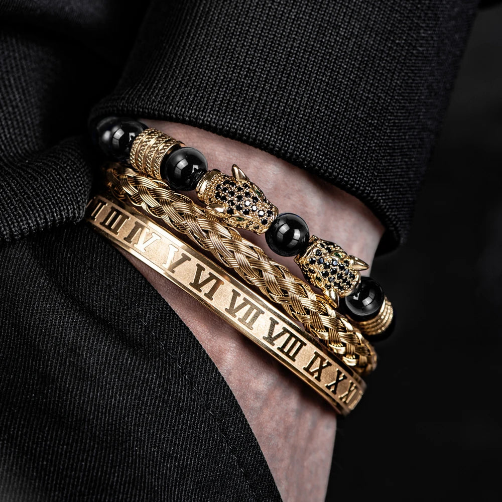 3PCS Mens Premium Black Agate Beaded Bracelet Set - Double Leopard Head, Roman Numerals, Adjustable Braided Design