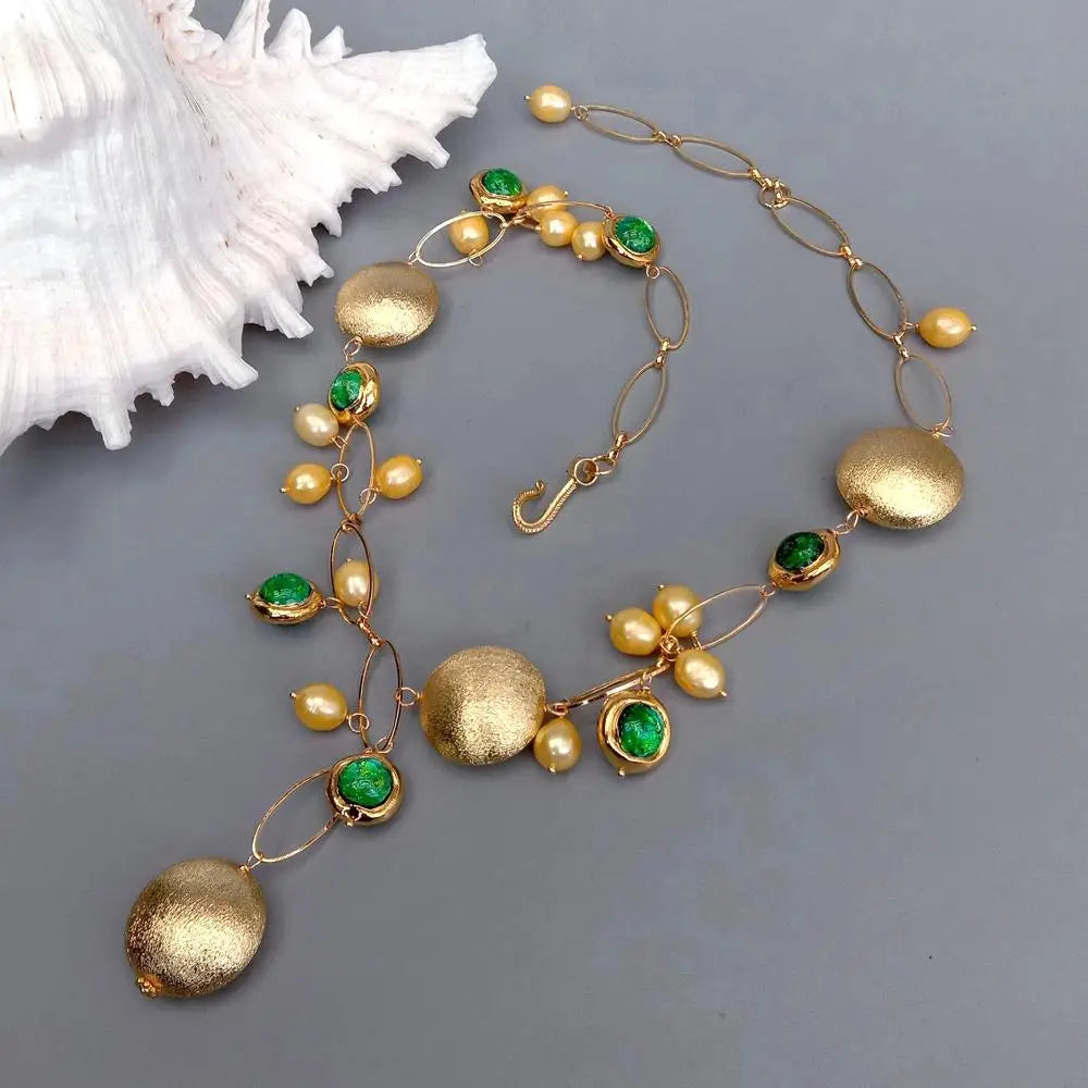 Rice Pearl Murano Glass Coin Y-Drop Necklace — Gold-Tone Copper