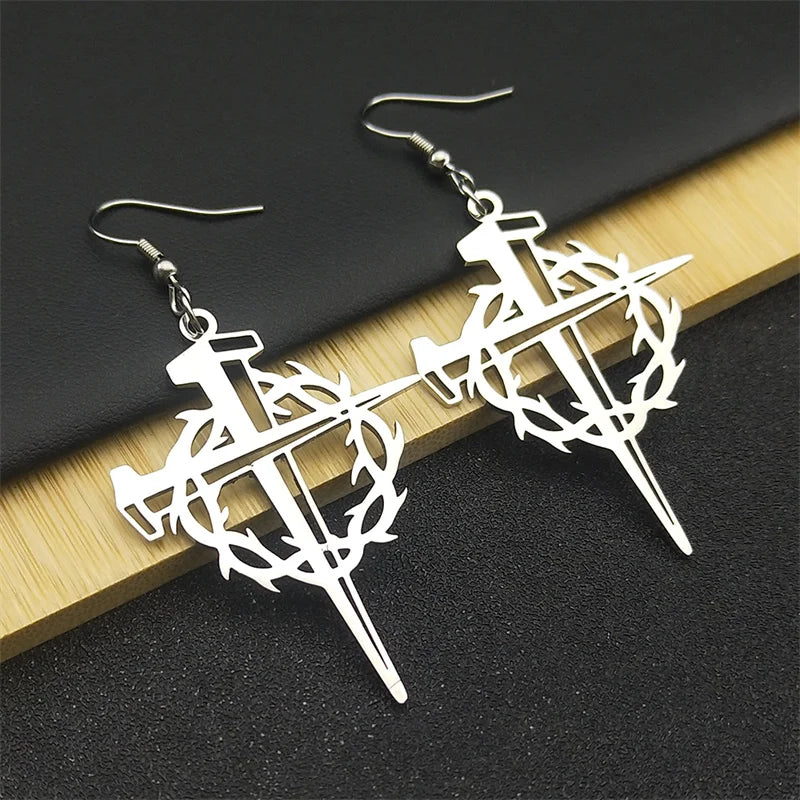 Jesus Crown Thorns Silver Earrings Drop Christian